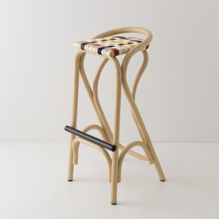 Tabouret de bar en rotin VIRAGE bleu + jaune