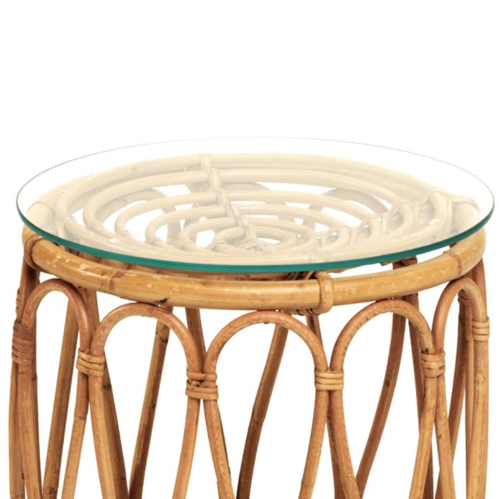 Zoom plateau de verre sur tabouret en rotin TAMBOURIN