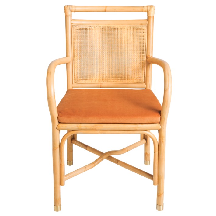 Rattan table armchair Riviera collection ochre velvet cushion front viewa