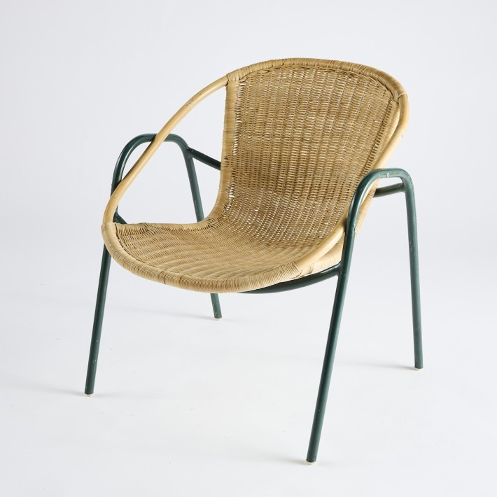 Vintage green metal coquille armchair + rattan PU019