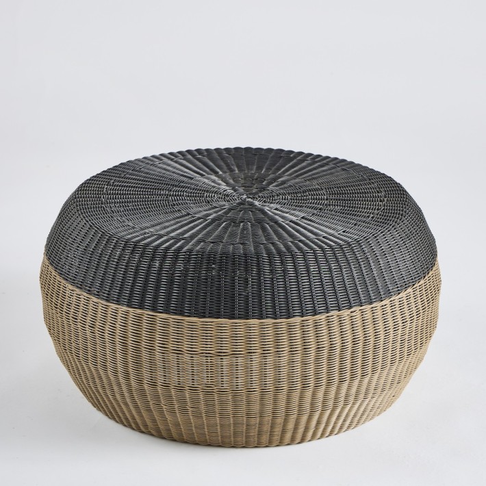 Large footstool with metal structure and two-tone resin weave - resin